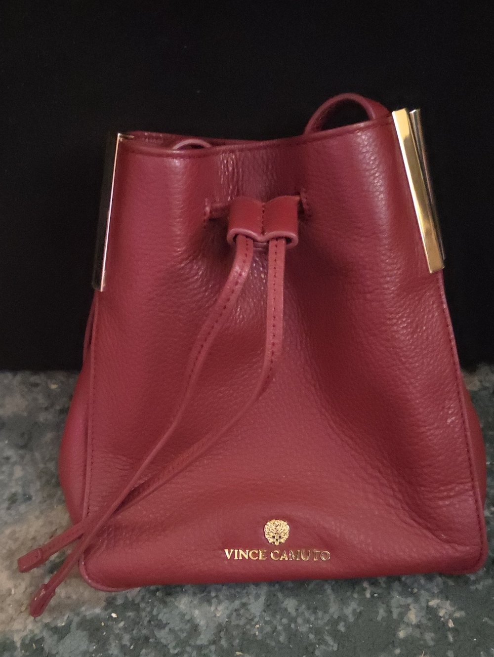 Vince Camuto Wine Red Pebbled Leather Drawstring Bucket Bag with Gold Hardware